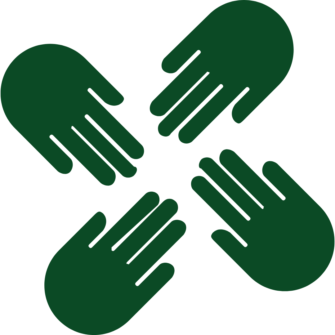 Four navy blue hands connecting together, illustrating the value of connection in a young person impacted by cancer's life