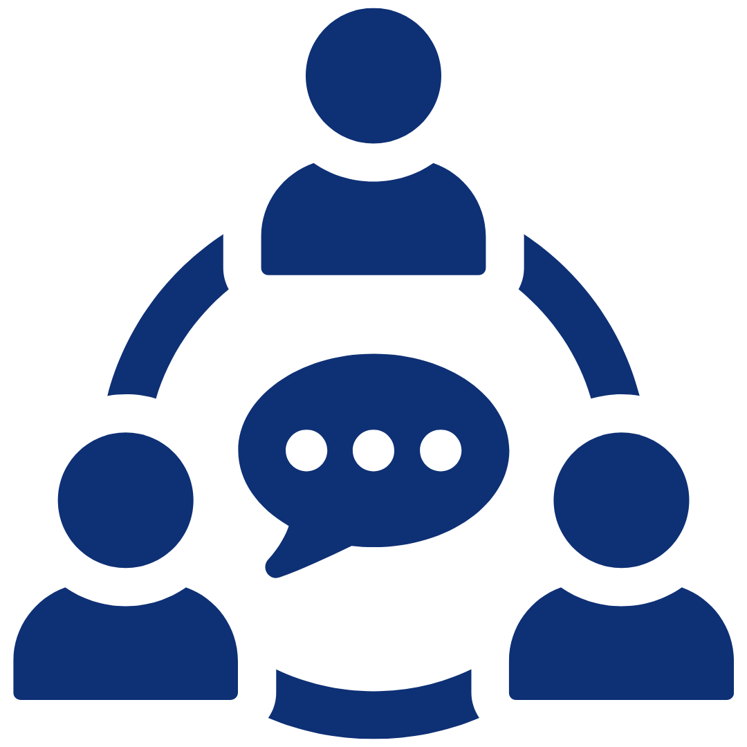 Icon of three people talking, representing the connection and friendship that young people impacted by cancer feel when they engage with Canteen